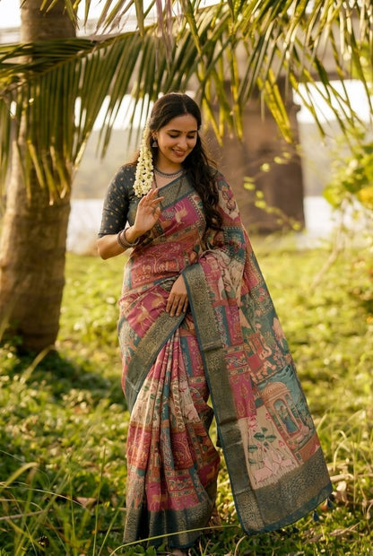 Heritage Bloom – Cotton Linen Self-Jacquard Border Saree