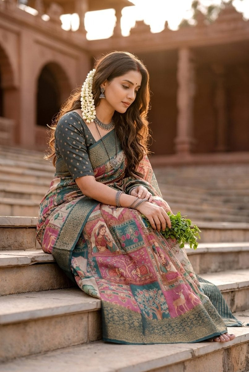 Heritage Bloom – Cotton Linen Self-Jacquard Border Saree