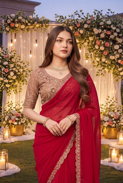 Ruby Red Georgette Designer Saree