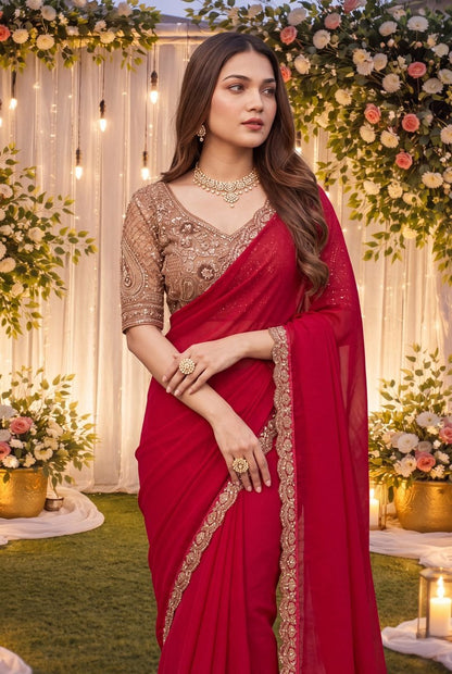 Ruby Red Georgette Designer Saree