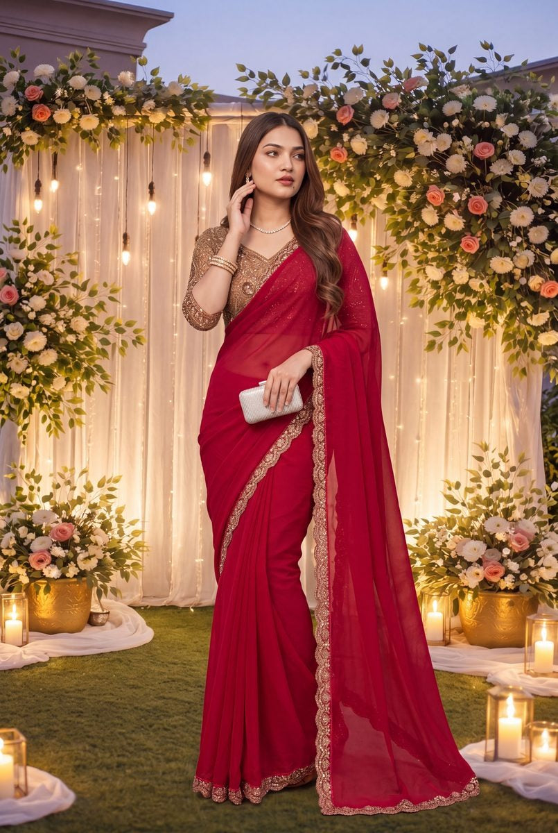 Ruby Red Georgette Designer Saree