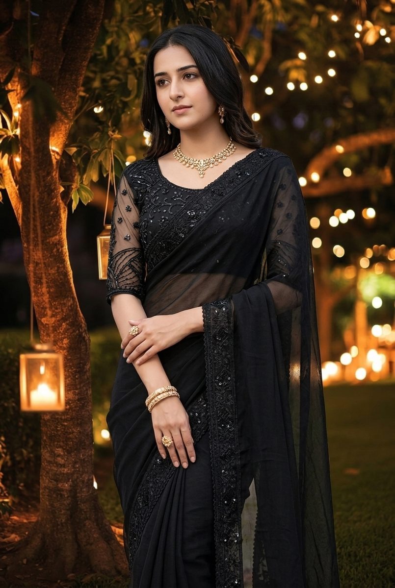 Midnight Elegance – Black Premium Georgette Saree with Ready-Made Blouse