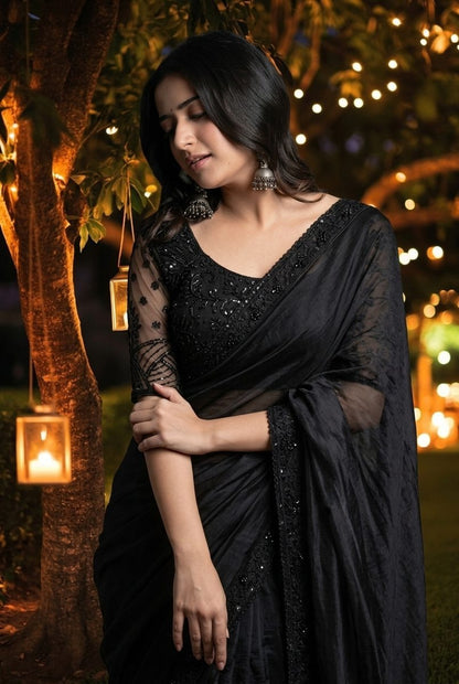 Midnight Elegance – Black Premium Georgette Saree with Ready-Made Blouse