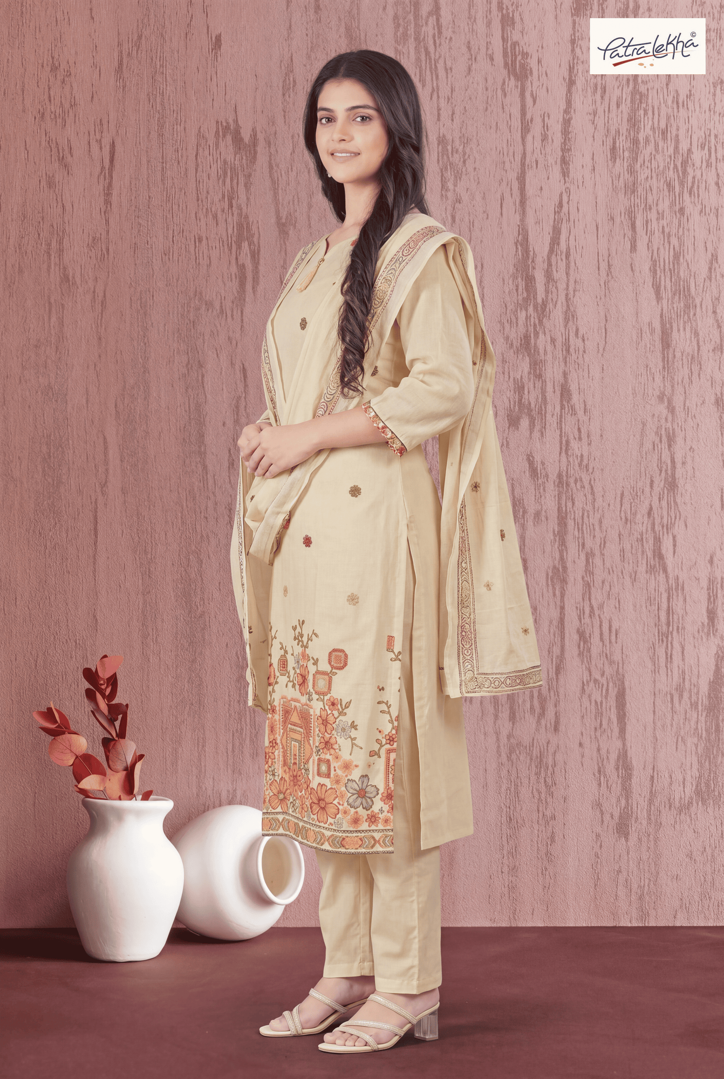 Elegant Pure Cotton Thread Work 3-Piece Suit Set
