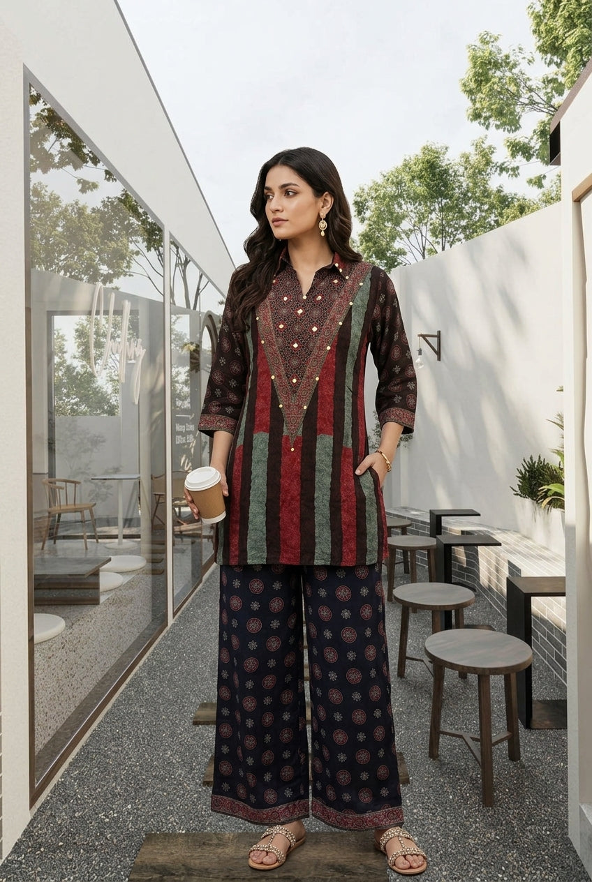 Regal Mosaic Natural Crepe Co-Ord Set
