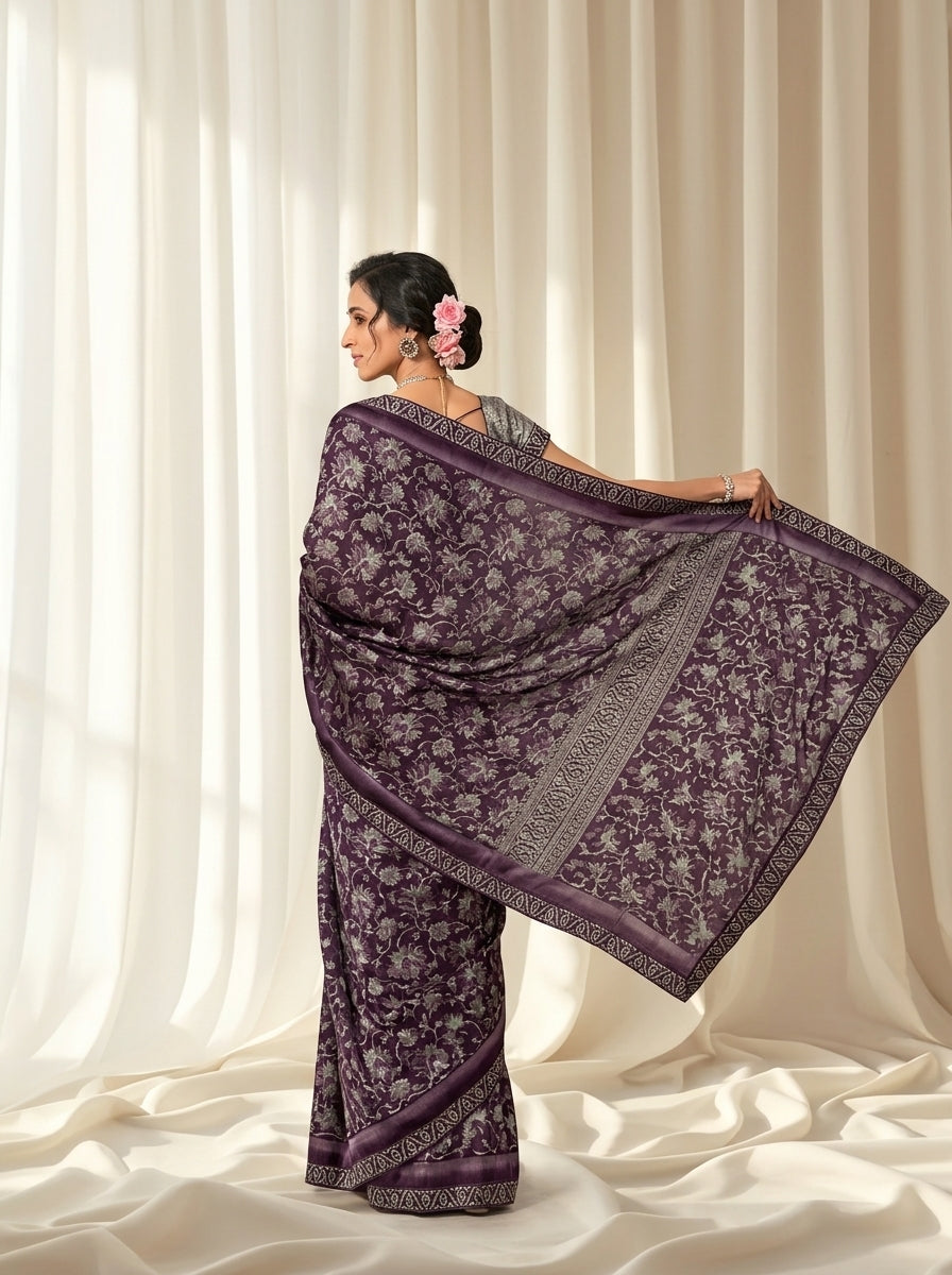 Mohey Purple Printed Kriva Georgette Saree with Art Silk Lace Blouse
