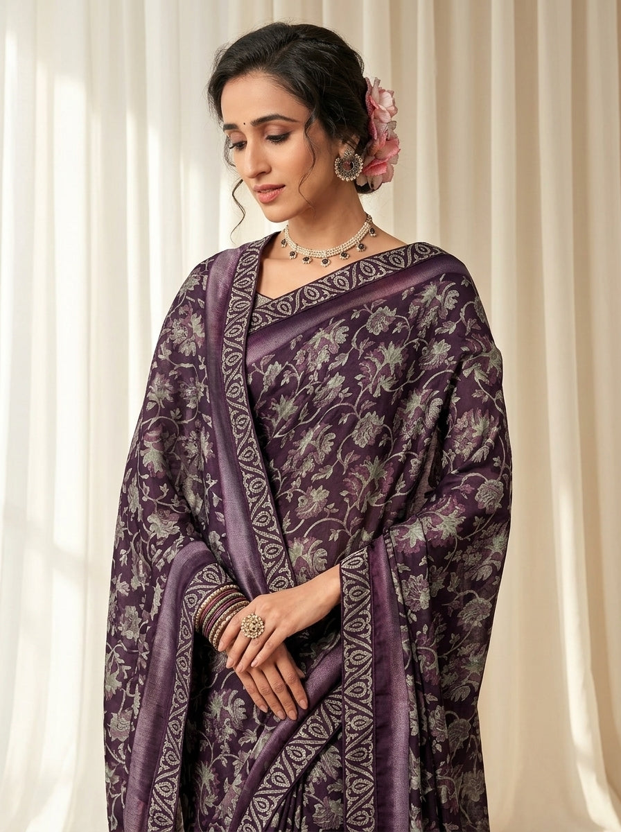Mohey Purple Printed Kriva Georgette Saree with Art Silk Lace Blouse
