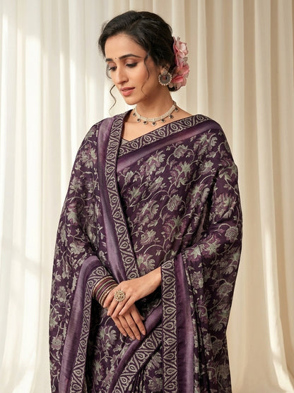 Mohey Purple Printed Kriva Georgette Saree with Art Silk Lace Blouse