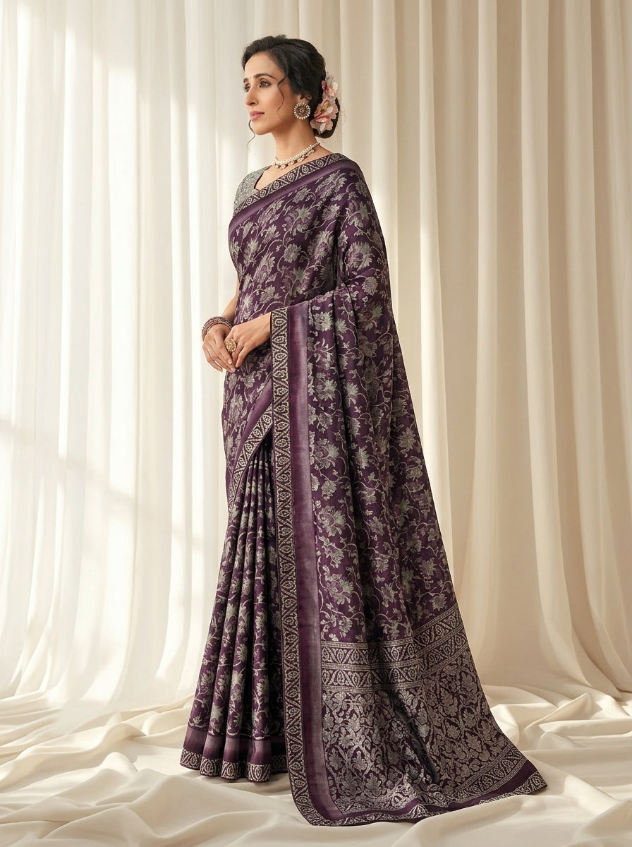 Mohey Purple Printed Kriva Georgette Saree with Art Silk Lace Blouse