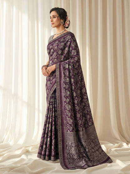 Mohey Purple Printed Kriva Georgette Saree with Art Silk Lace Blouse