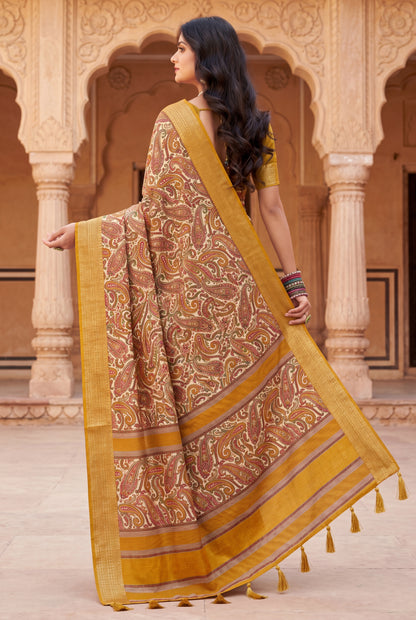 Women’s Paisley Printed Dola Silk Saree with Zari Border