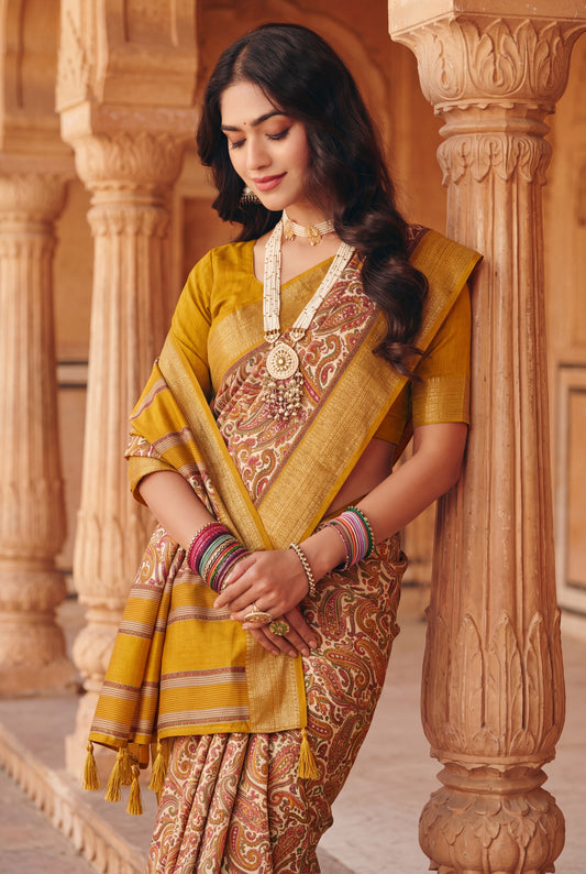Women’s Paisley Printed Dola Silk Saree with Zari Border