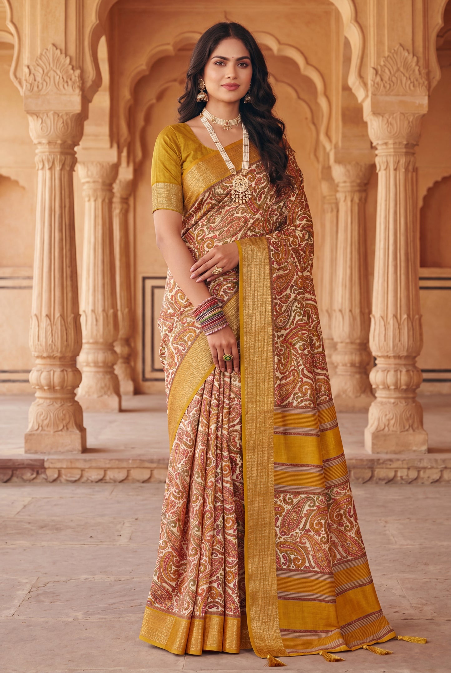 Women’s Paisley Printed Dola Silk Saree with Zari Border