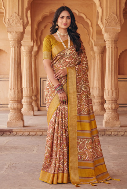 Women’s Paisley Printed Dola Silk Saree with Zari Border