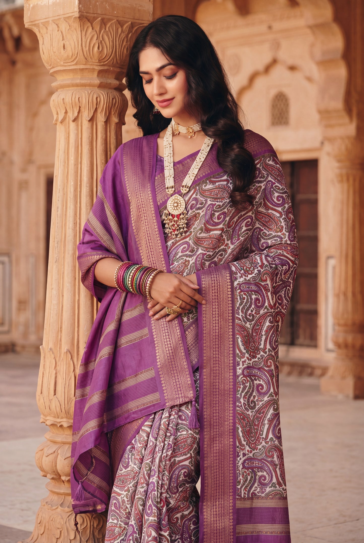 Women’s Paisley Printed Dola Silk Saree with Zari Border