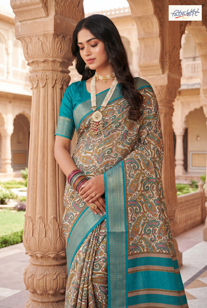 Women’s Paisley Printed Dola Silk Saree with Zari Border