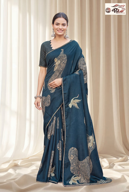 Elegant Tussar Silk Saree with Stone Work & Peacock-Inspired Design