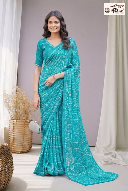 Elegant Kreeva Georgette Saree with Artistic Ethnic Print & Semi-Stitched Blouse Piece
