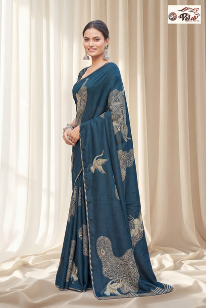 Elegant Tussar Silk Saree with Stone Work & Peacock-Inspired Design
