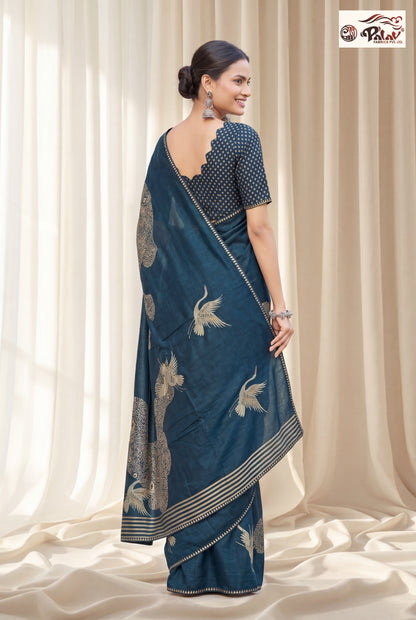 Elegant Tussar Silk Saree with Stone Work & Peacock-Inspired Design