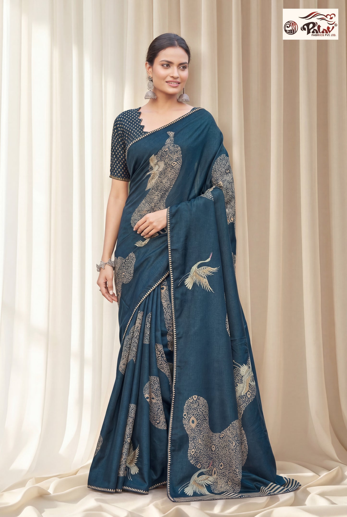 Elegant Tussar Silk Saree with Stone Work & Peacock-Inspired Design