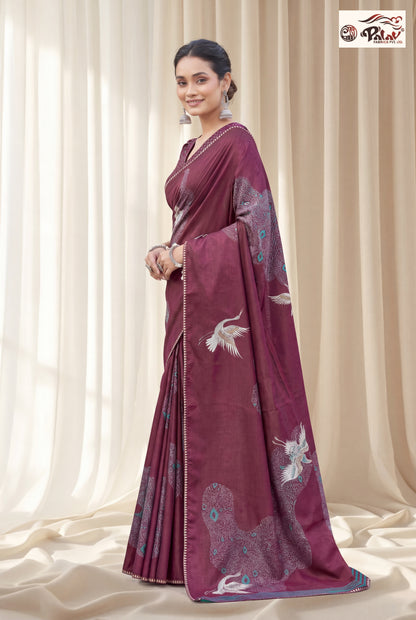 Elegant Tussar Silk Saree with Stone Work & Peacock-Inspired Design