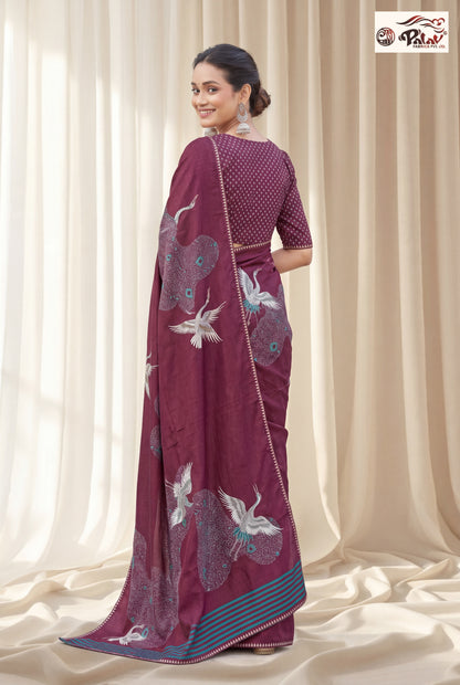 Elegant Tussar Silk Saree with Stone Work & Peacock-Inspired Design