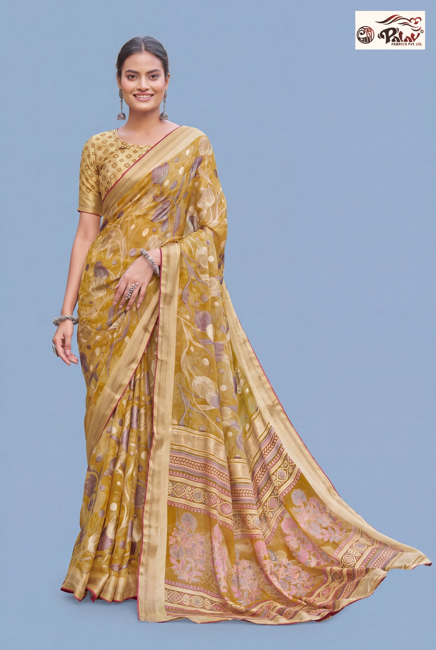 Designer Moss Kasab Brasso Saree with Stone Work