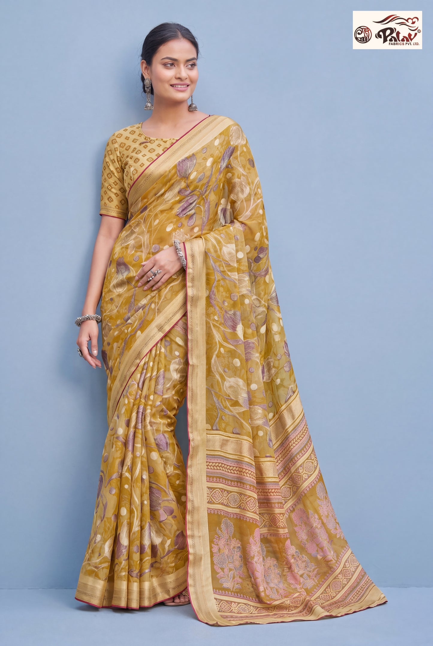 Designer Moss Kasab Brasso Saree with Stone Work