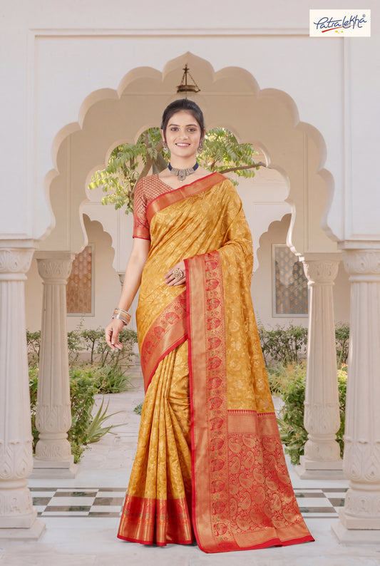 Golden Weaving Soft Silk Saree with Organza Base & Rich Zari Border