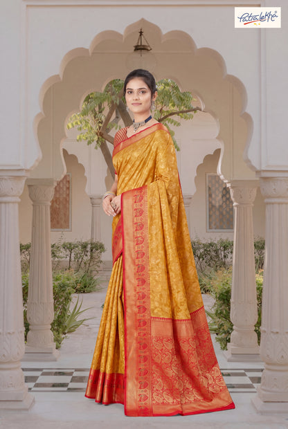 Golden Weaving Soft Silk Saree with Organza Base & Rich Zari Border