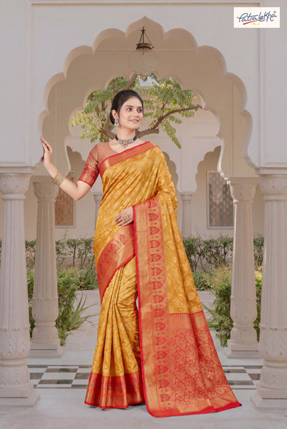Golden Weaving Soft Silk Saree with Organza Base & Rich Zari Border