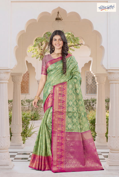 Golden Weaving Soft Silk Saree with Organza Base & Rich Zari Border