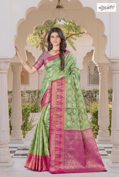 Golden Weaving Soft Silk Saree with Organza Base & Rich Zari Border