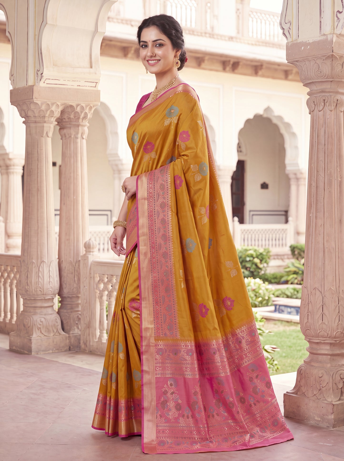 Soft Silk Saree with Meenakari Floral Butta & Pink Woven Border Blouse Piece