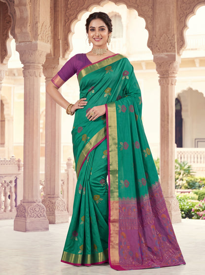 Soft Silk Saree with Meenakari Floral Butta & Pink Woven Border Blouse Piece
