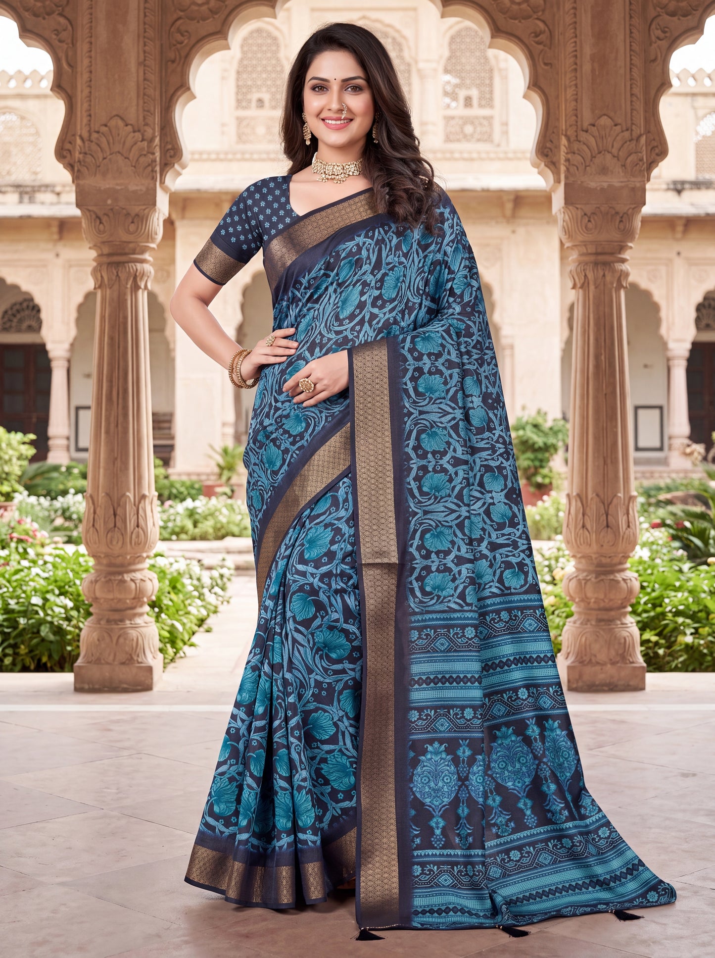 Dola Silk Saree with All-Over Floral Print & Zari Border Blouse Piece