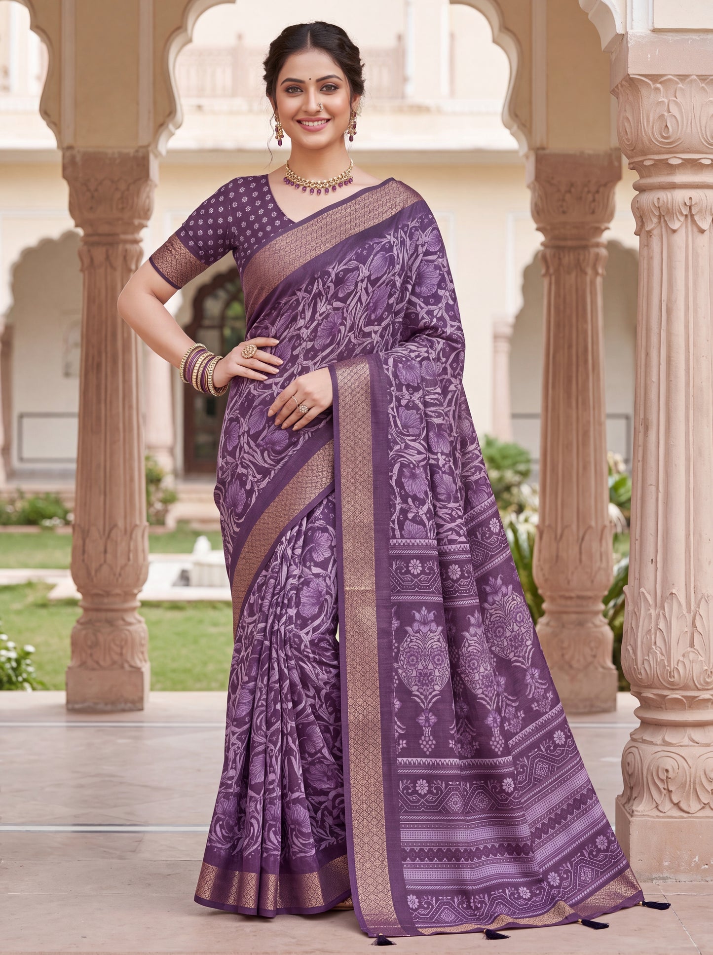 Dola Silk Saree with All-Over Floral Print & Zari Border Blouse Piece