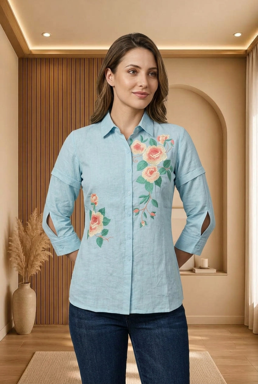 Floral Embroidered Silk Georgette Shirt