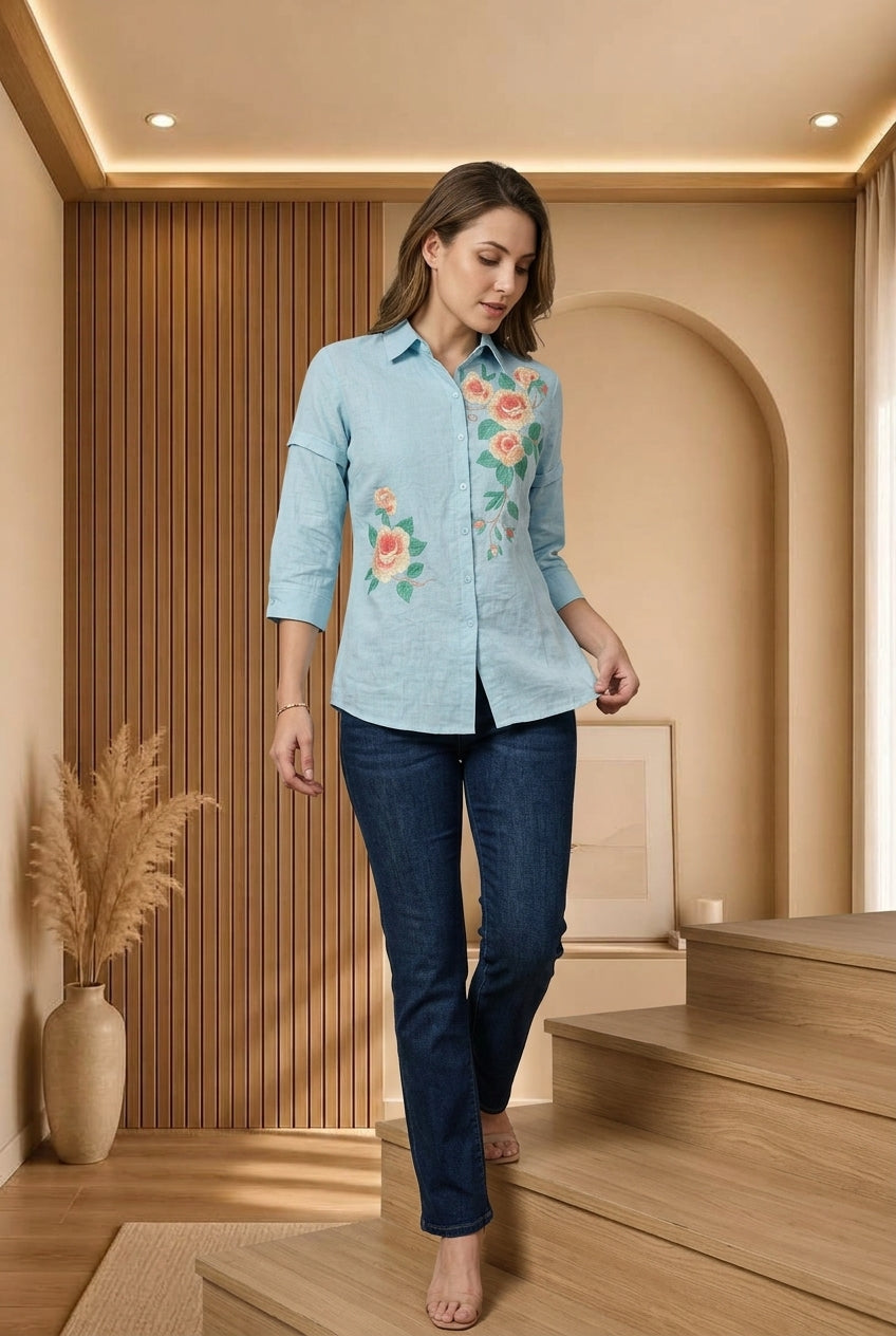 Floral Embroidered Silk Georgette Shirt