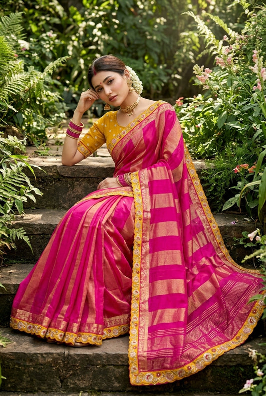 Rani Royale – Pink & Gold Viscose Saree with Blouse Piece