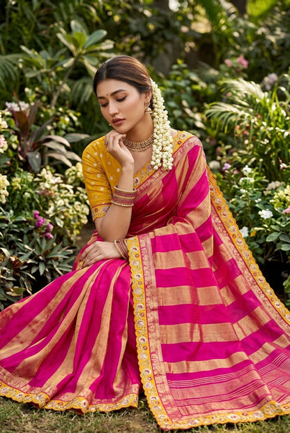 Rani Royale – Pink & Gold Viscose Saree with Blouse Piece