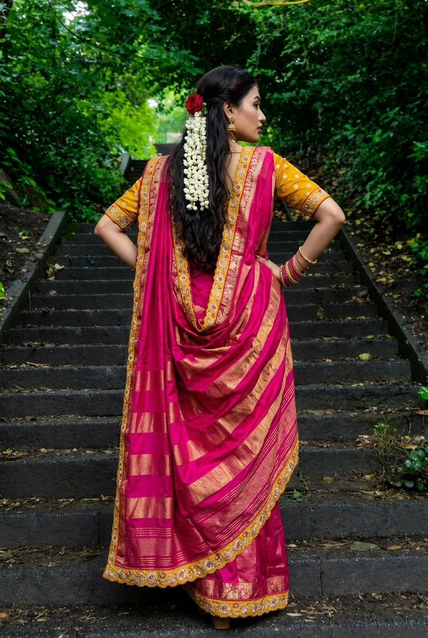 Rani Royale – Pink & Gold Viscose Saree with Blouse Piece