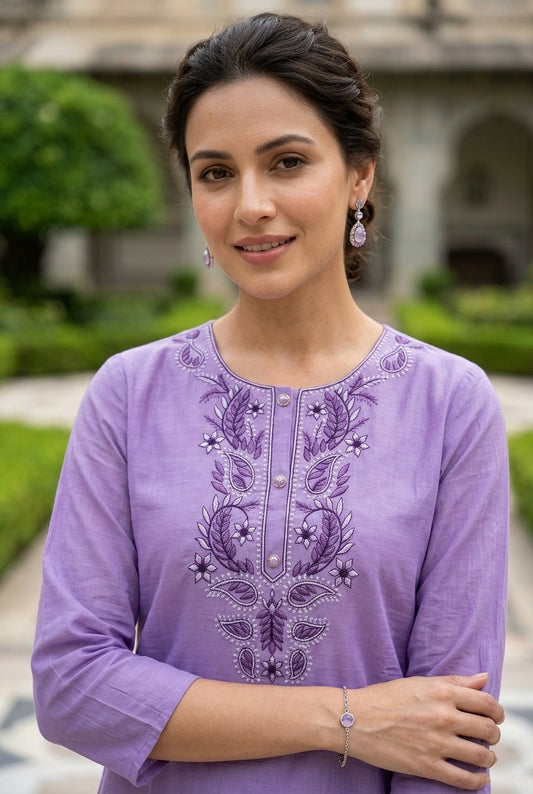 Lavendar Mal Chanderi Embroidered Tunic