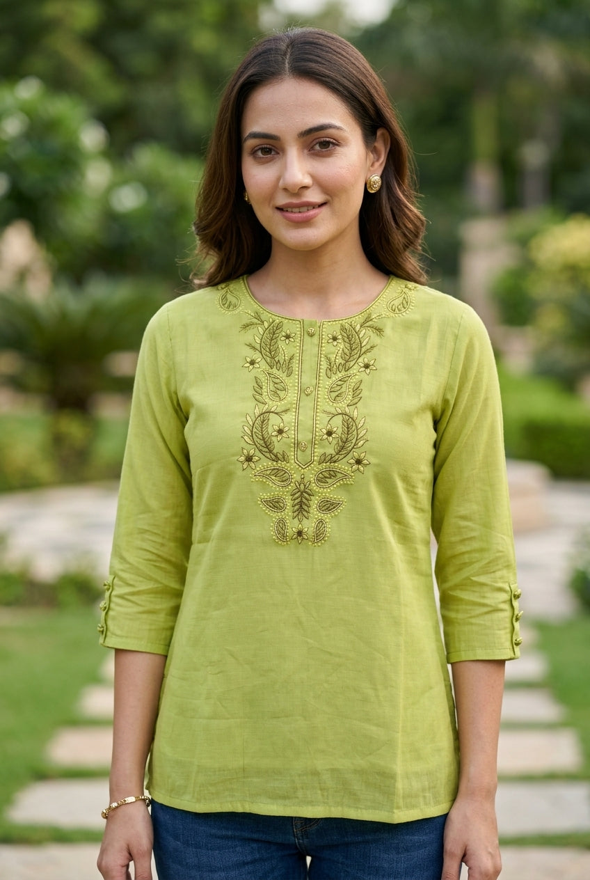 Lime Pistachio Green Mal Chanderi Embroidered Tunic