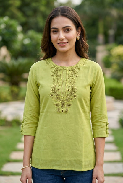 Lime Pistachio Green Mal Chanderi Embroidered Tunic