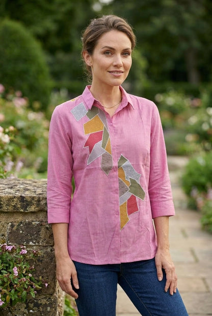 Geometric Patchwork Silk Georgette Shirt in Rose Pink