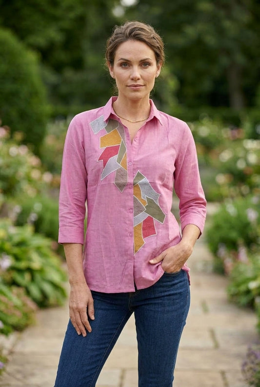Geometric Patchwork Silk Georgette Shirt in Rose Pink