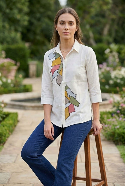Geometric Patchwork Silk Georgette Shirt in White