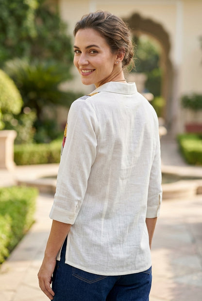 Geometric Patchwork Silk Georgette Shirt in White